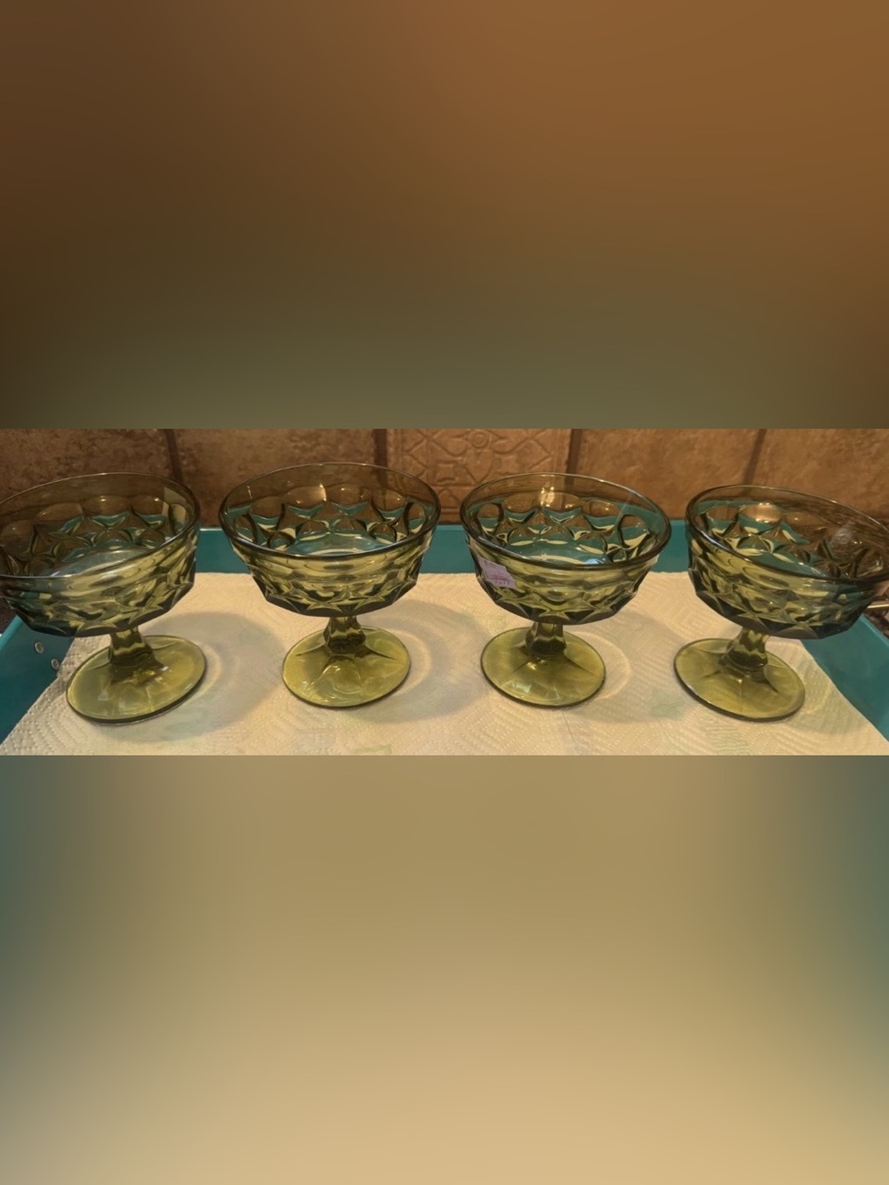 4 Crystal Noritake Perspective  Avacado Green Champagne Sherbet Glasses 6 Oz